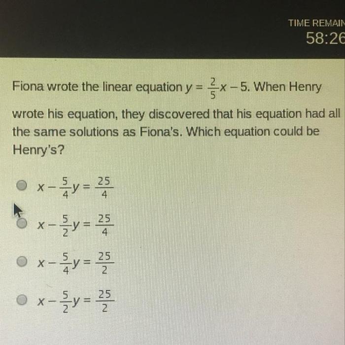 Fiona wrote the linear equation y 2 5x 5