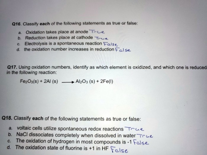 Classify the statements about redox reactions as true or false.