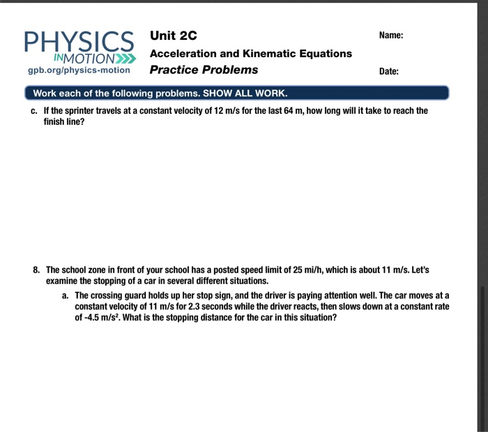 Unit 2c acceleration and kinematic equations practice problems answers